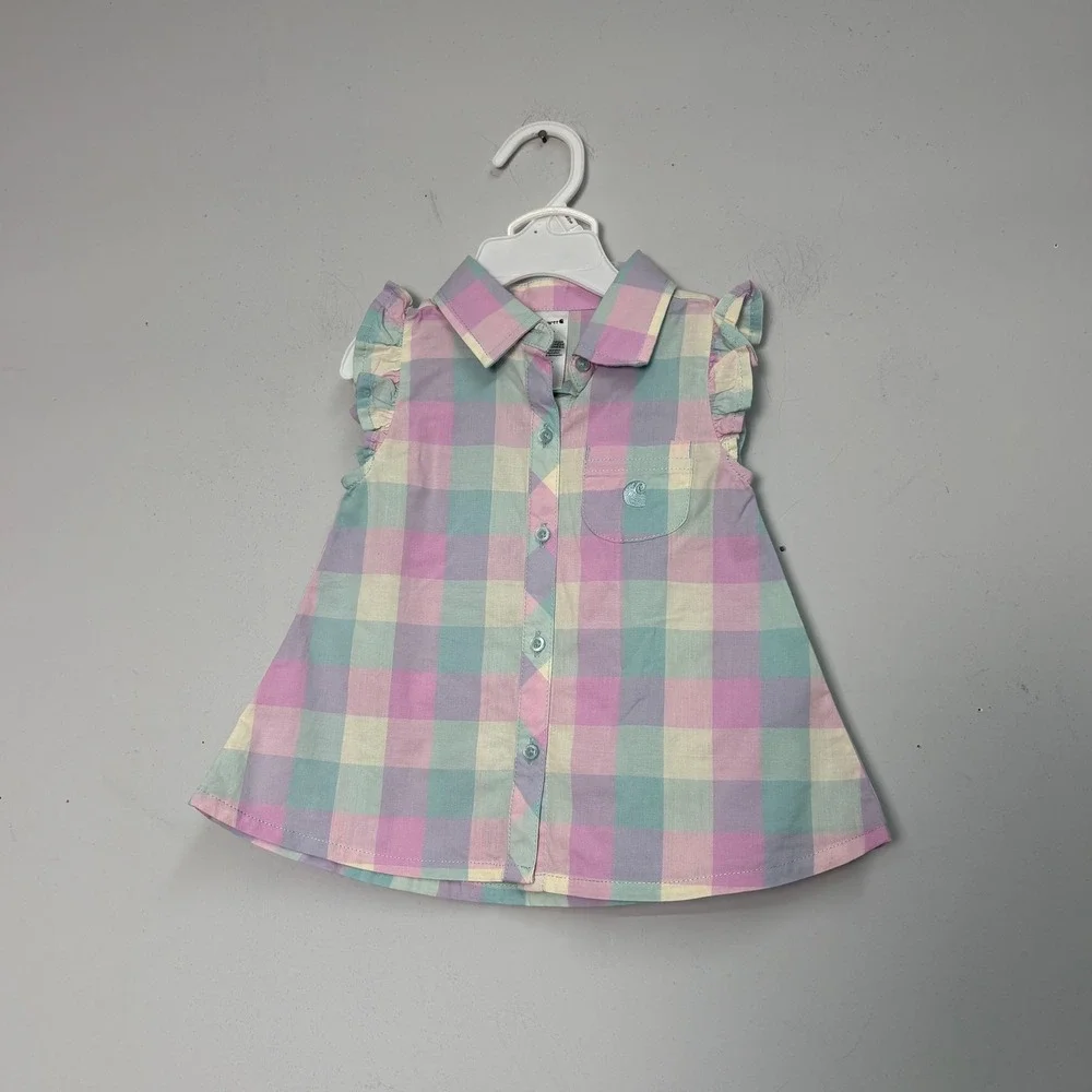 Carhartt Baby Girl 12M Plaid Ruffle Shirt and Bloomer Set Pastel Pink Blue 2pc